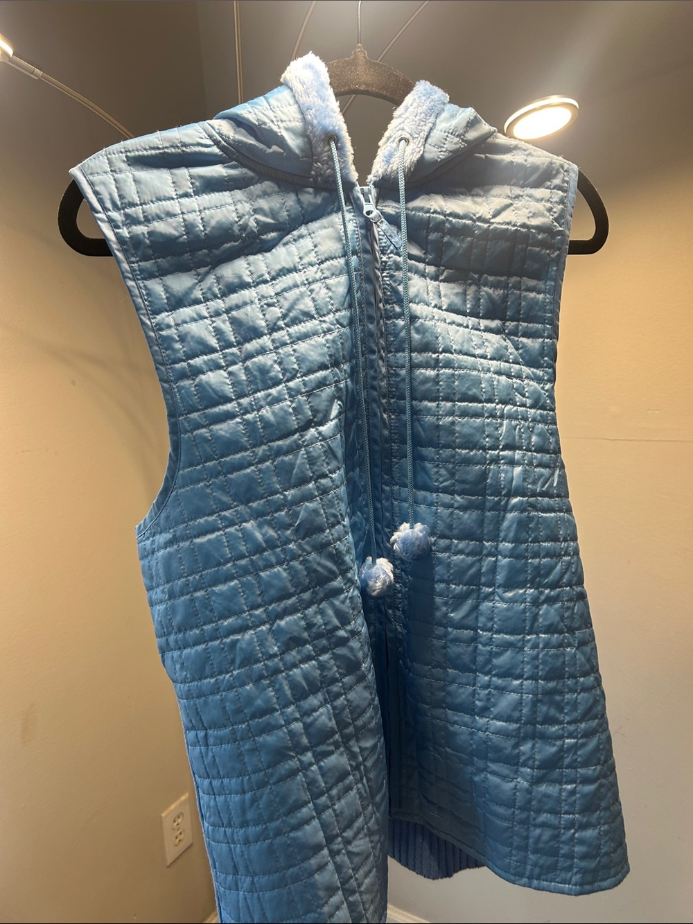 For Cynthia Sky Blue Quilted Hooded Vest with Pom-Tie